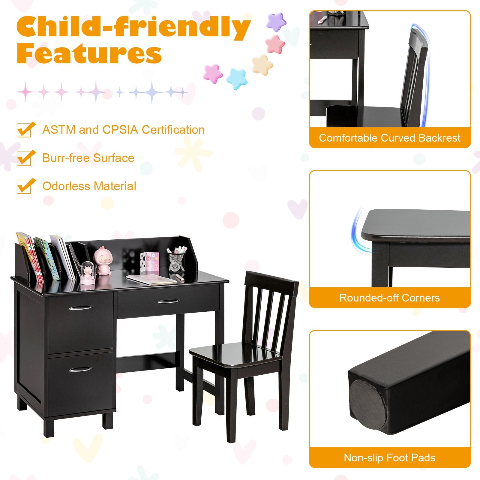 Kids Wooden Writing Furniture Set with Drawer and Storage Cabinet, Deep Brown Kids Table & Chair Sets   at Gallery Canada