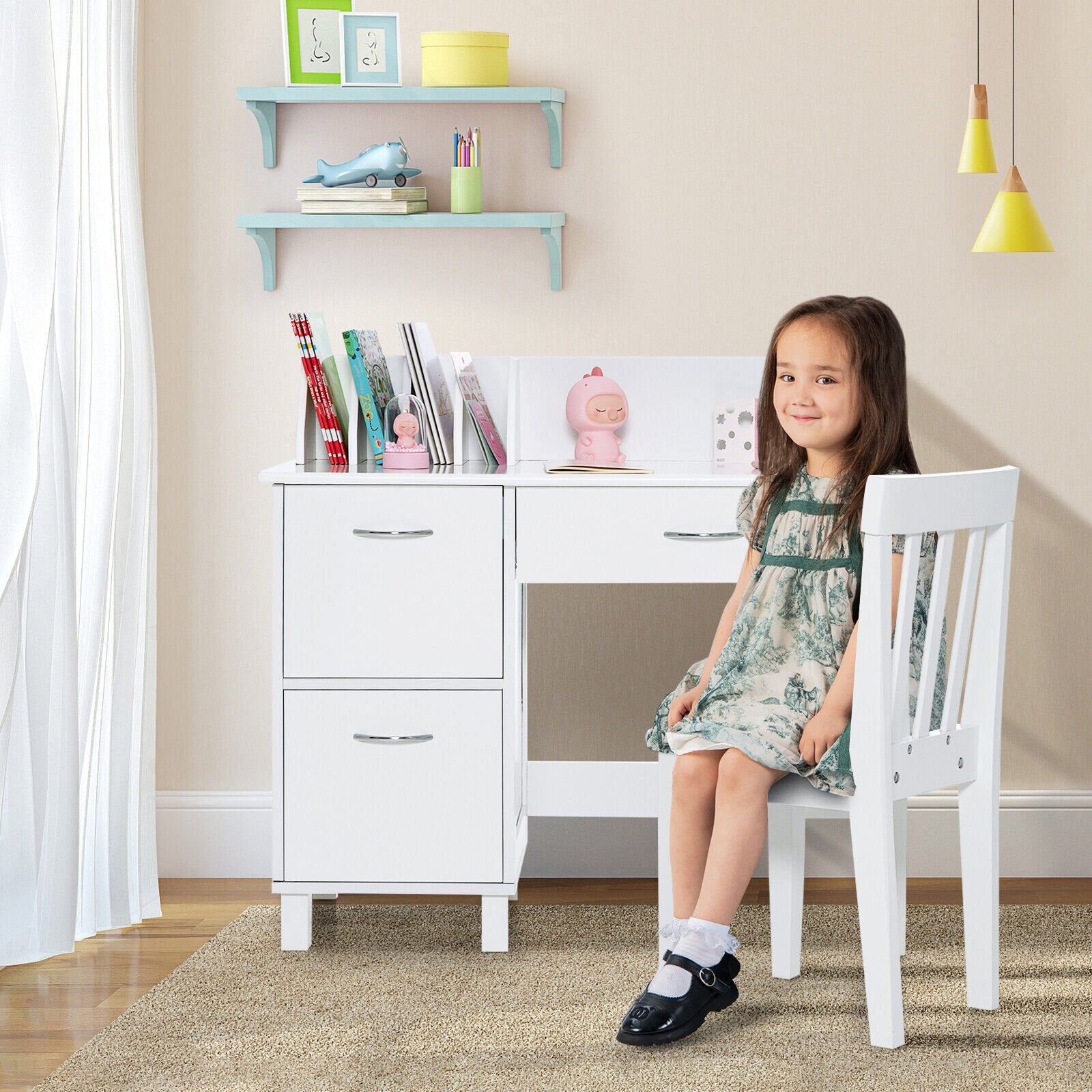 Kids Wooden Writing Furniture Set with Drawer and Storage Cabinet, White - Gallery Canada