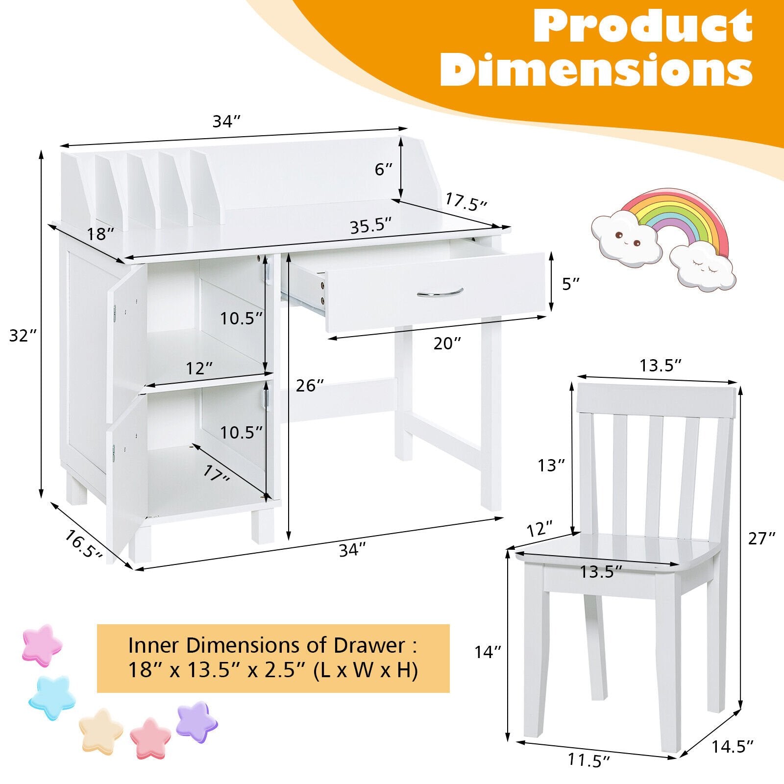 Kids Wooden Writing Furniture Set with Drawer and Storage Cabinet, White Kids Table & Chair Sets   at Gallery Canada