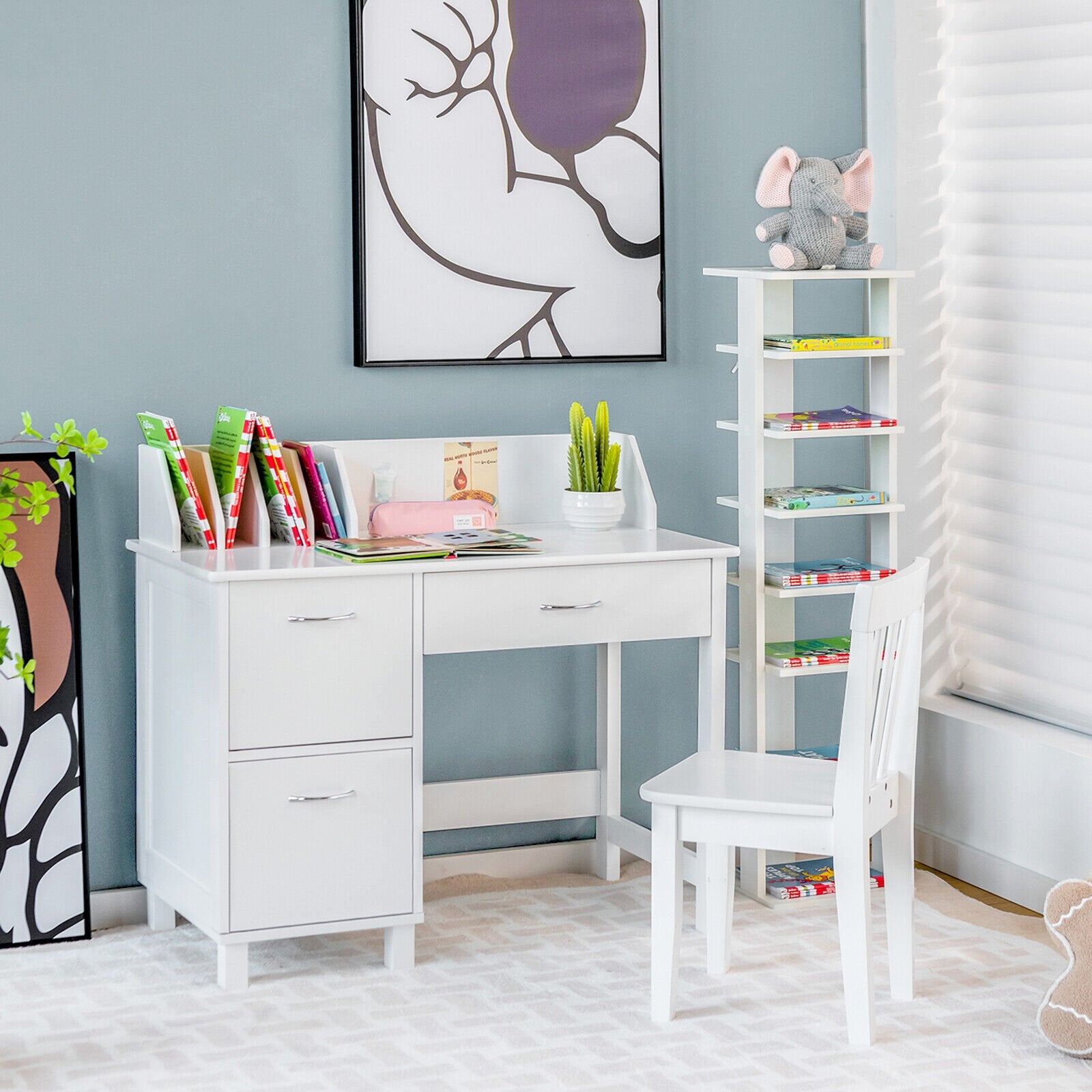 Kids Wooden Writing Furniture Set with Drawer and Storage Cabinet, White Kids Table & Chair Sets   at Gallery Canada