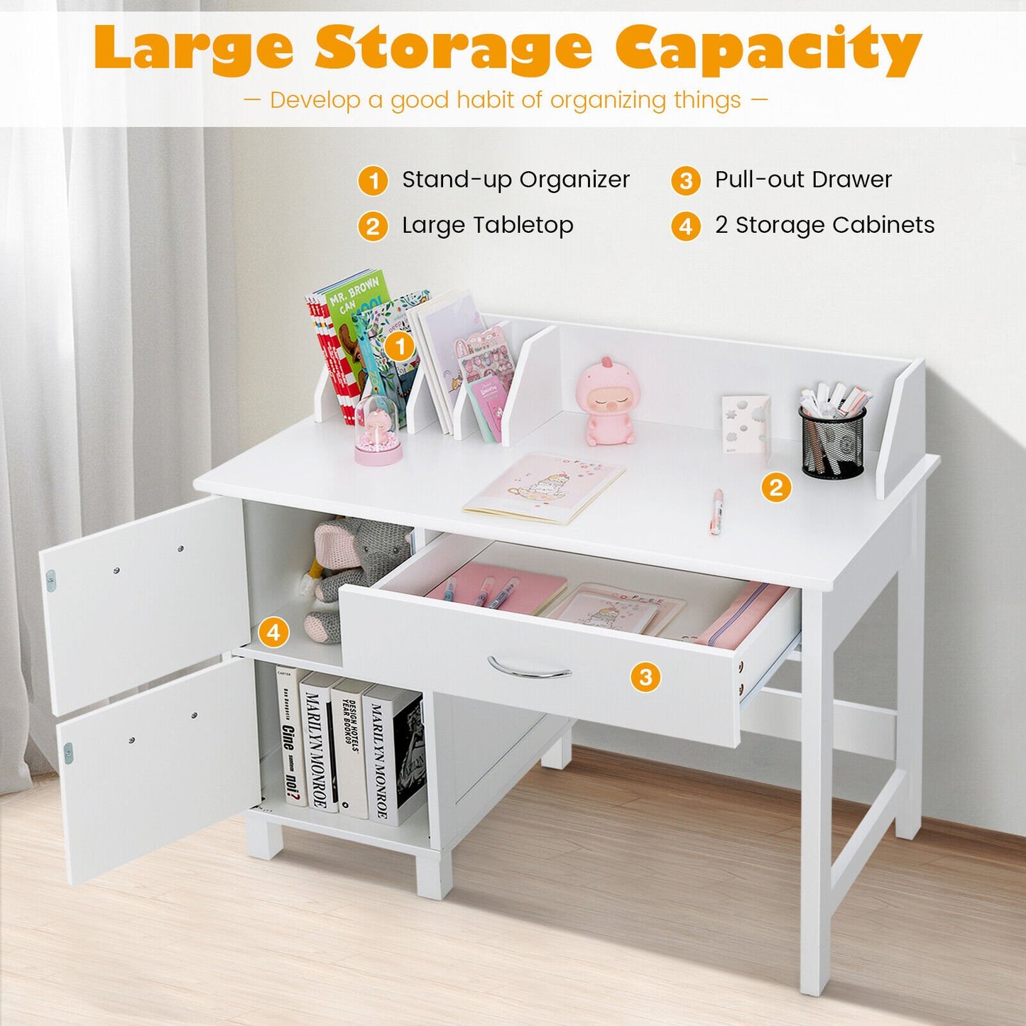 Kids Wooden Writing Furniture Set with Drawer and Storage Cabinet, White - Gallery Canada