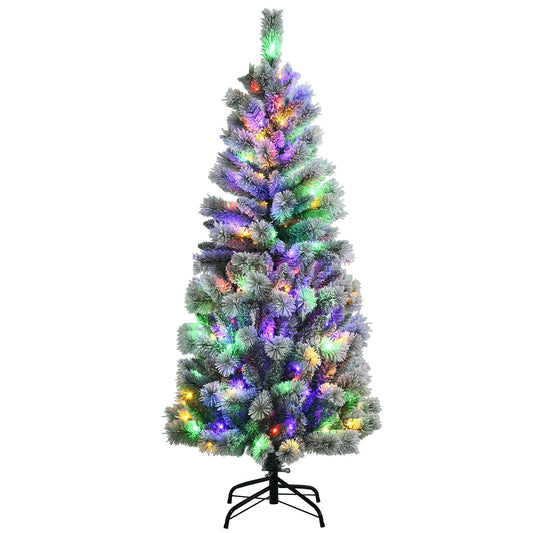 5 Feet Pre-Lit Hinged Christmas Tree Snow Flocked with 9 Modes Remote Control Lights, White - Gallery Canada