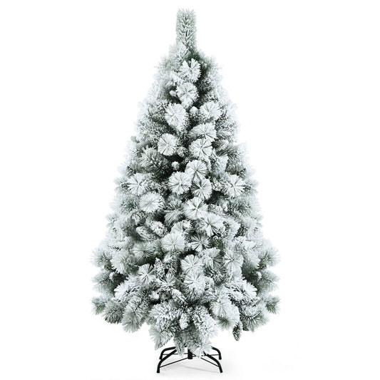 Flocked Hinged Artificial Christmas Slim Tree with Pine Needles-5 ft, White - Gallery Canada
