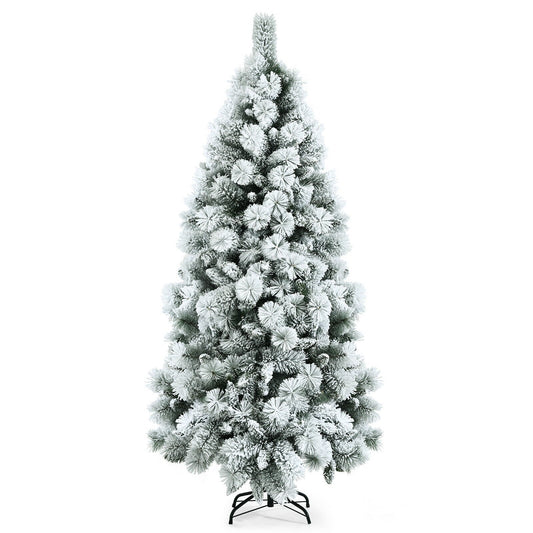 Flocked Hinged Artificial Christmas Slim Tree with Pine Needles-6 ft, White - Gallery Canada
