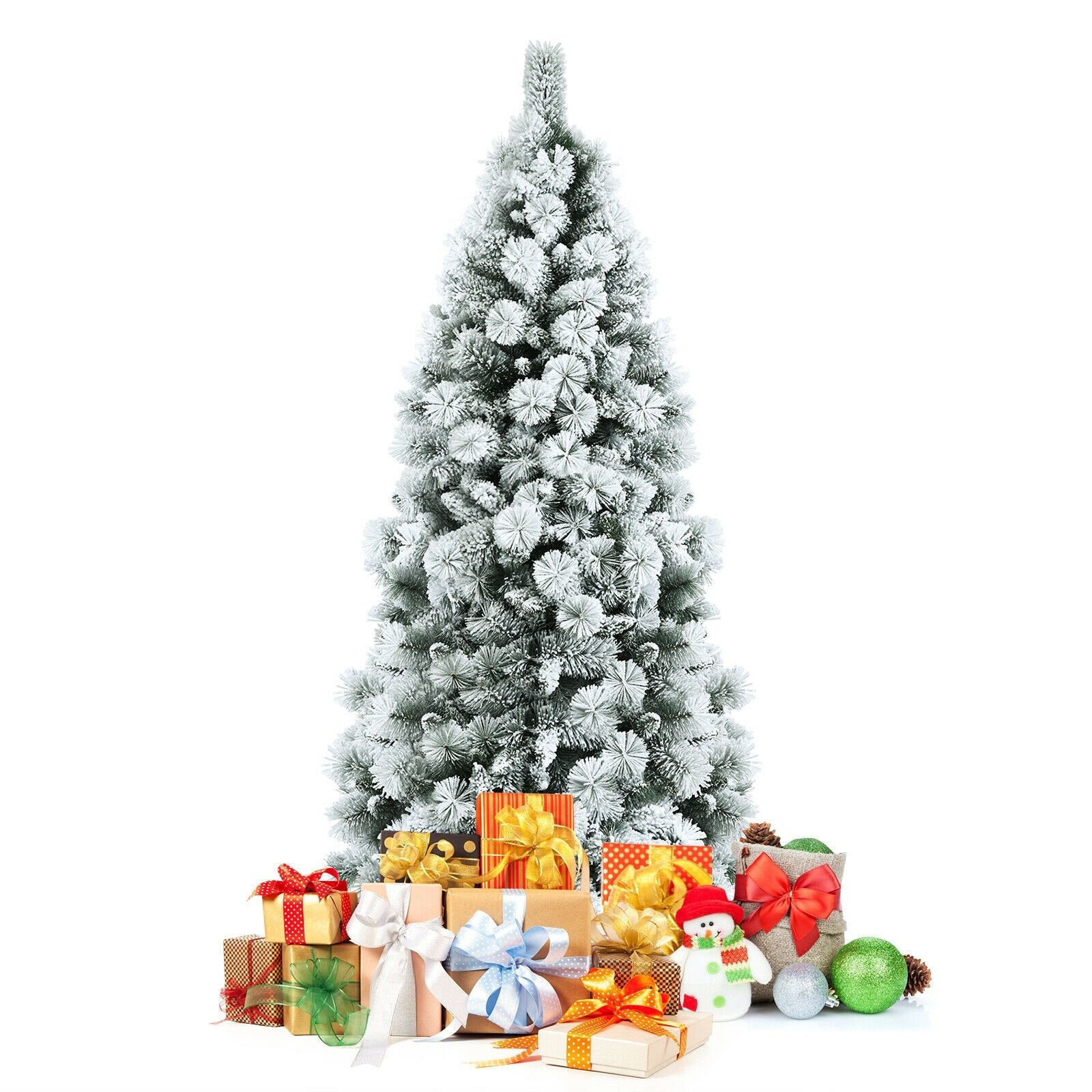 Flocked Hinged Artificial Slim Christmas Tree with Pine Needles-7 ft, White Christmas Tree   at Gallery Canada