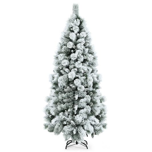 Flocked Hinged Artificial Slim Christmas Tree with Pine Needles-7 ft, White - Gallery Canada