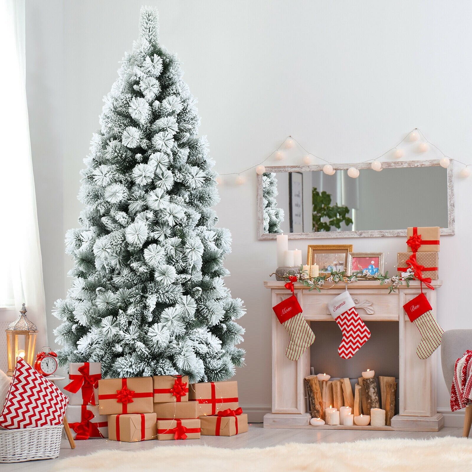 Flocked Hinged Artificial Slim Christmas Tree with Pine Needles-7 ft, White Christmas Tree   at Gallery Canada