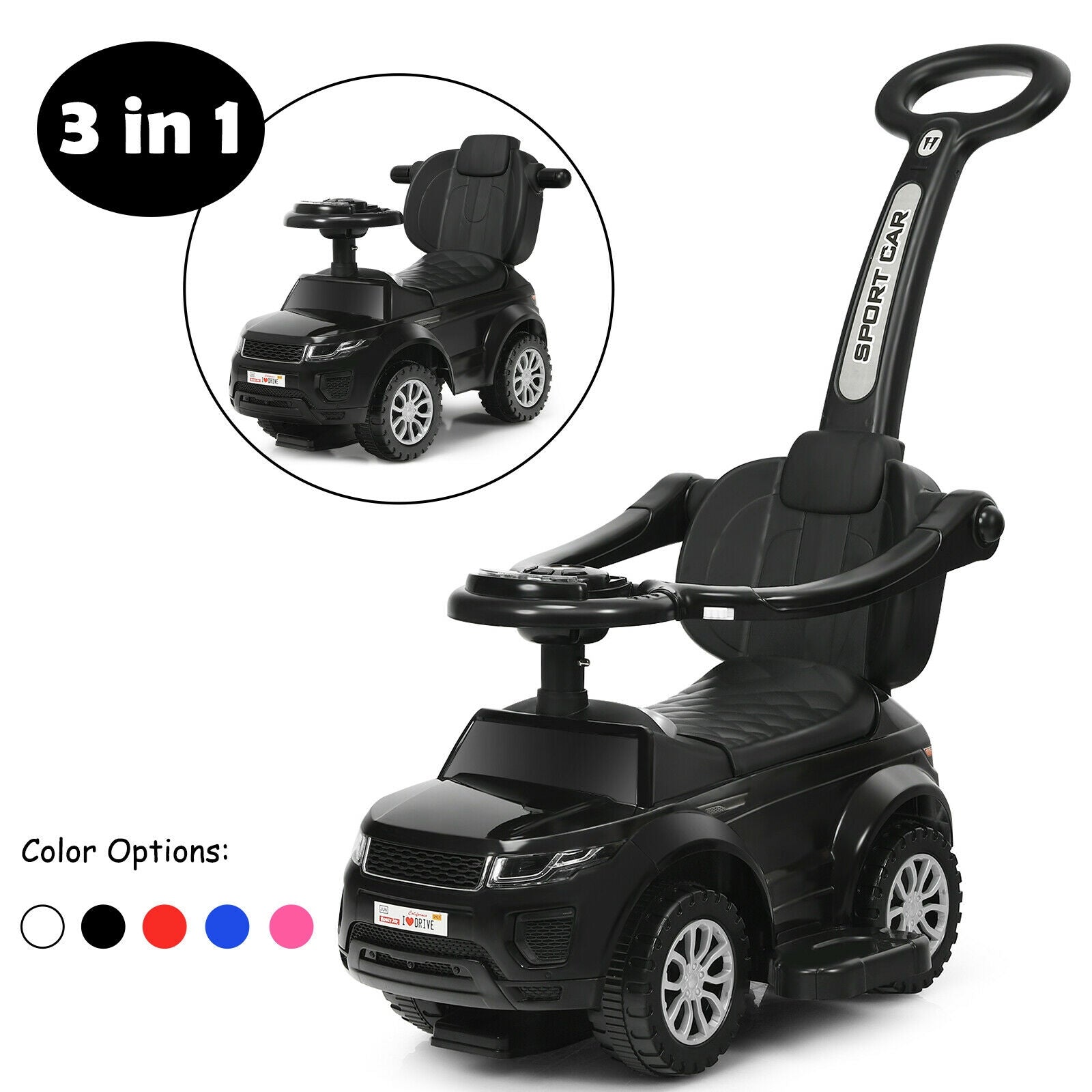 Honey Joy 3 in 1 Ride on Push Car Toddler Stroller Sliding Car with Music, Black Push & Pedal Ride On Toys at Gallery Canada
