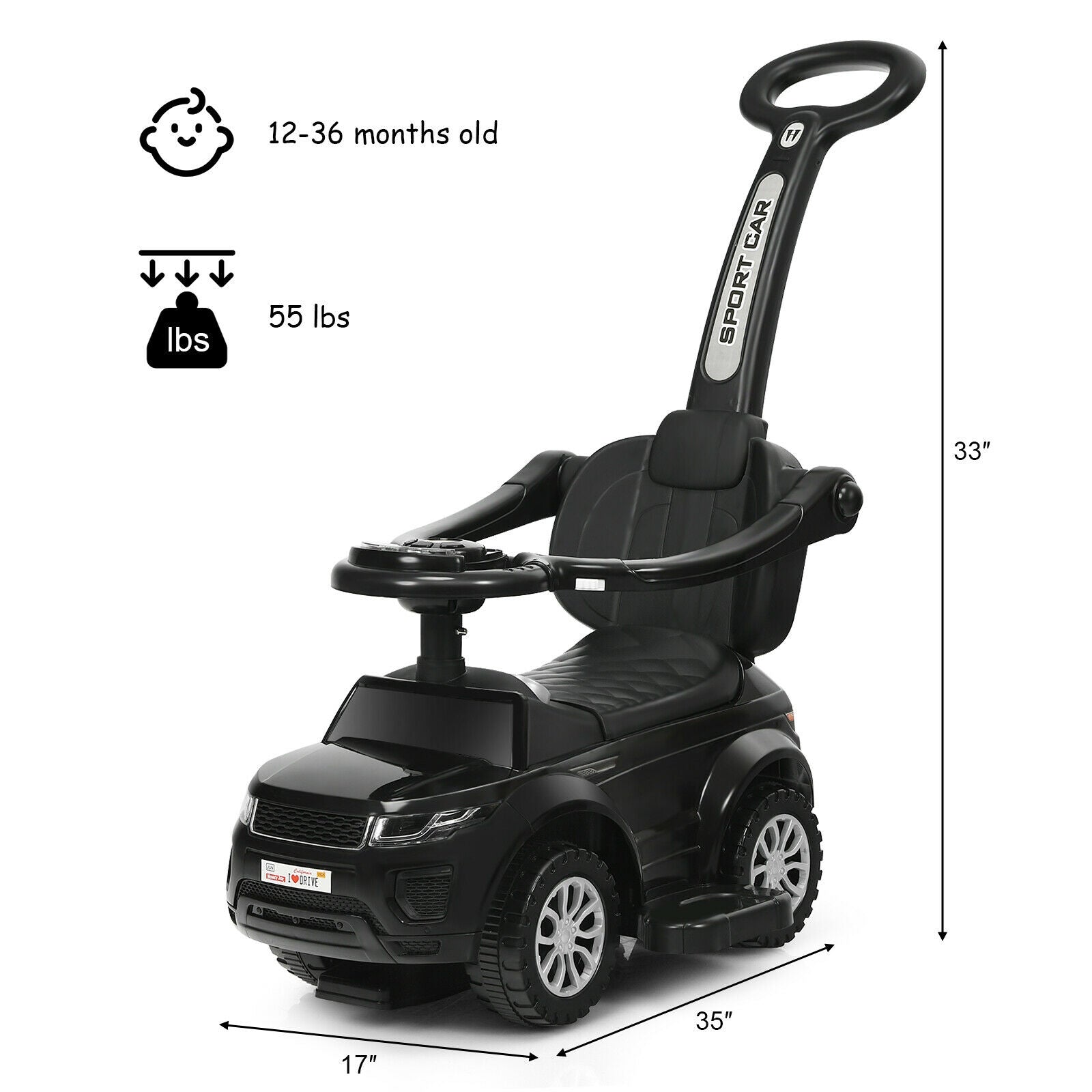 Honey Joy 3 in 1 Ride on Push Car Toddler Stroller Sliding Car with Music, Black Push & Pedal Ride On Toys at Gallery Canada