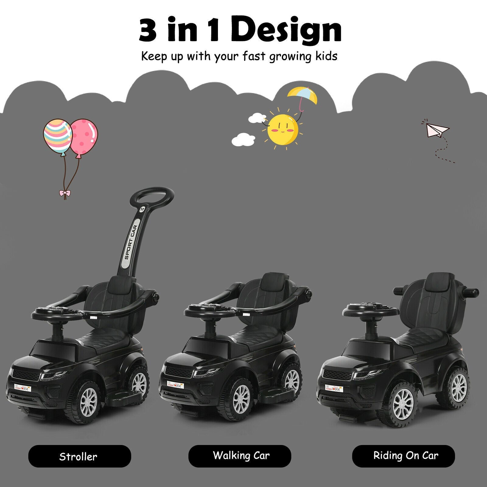 Honey Joy 3 in 1 Ride on Push Car Toddler Stroller Sliding Car with Music, Black Push & Pedal Ride On Toys at Gallery Canada