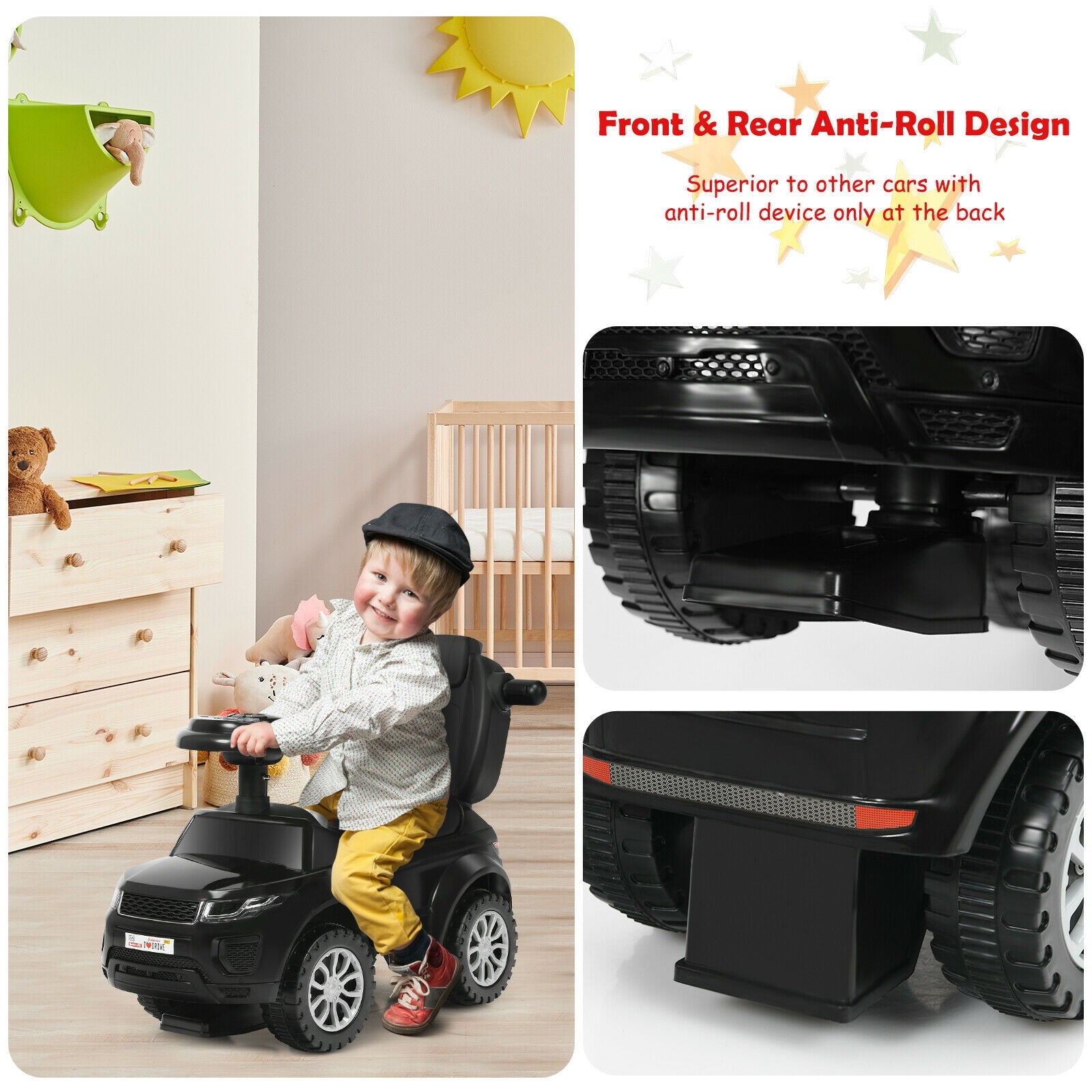 Honey Joy 3 in 1 Ride on Push Car Toddler Stroller Sliding Car with Music, Black Push & Pedal Ride On Toys at Gallery Canada