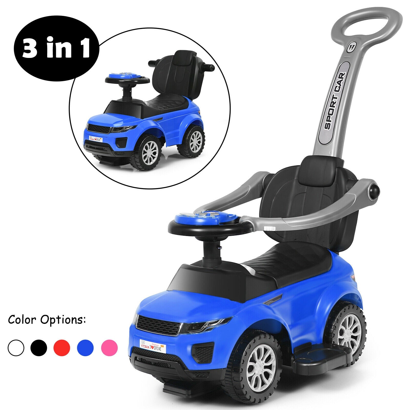 3 In 1 Ride on Push Car Toddler Stroller Sliding Car with Music, Blue Push & Pedal Ride On Toys at Gallery Canada