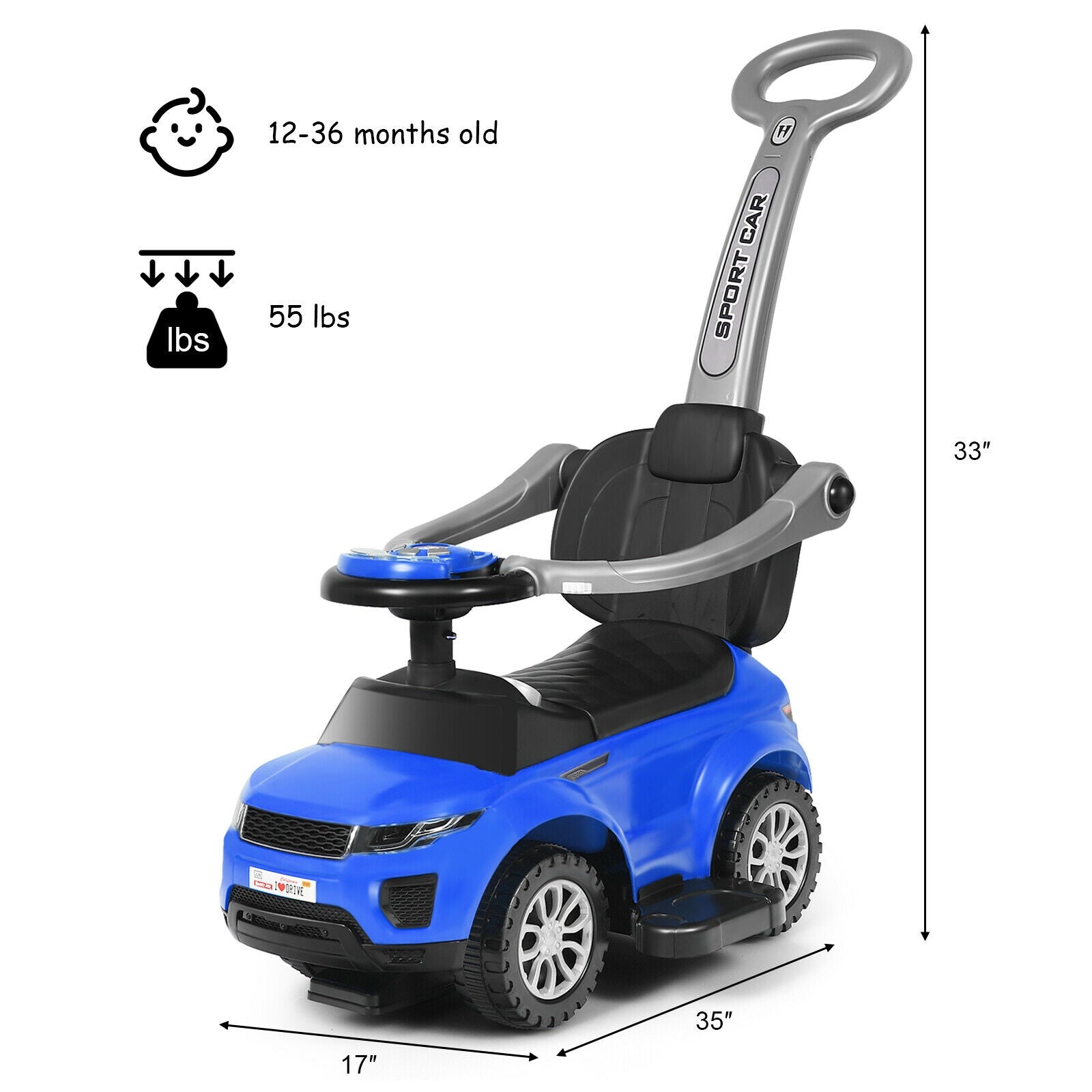 3 In 1 Ride on Push Car Toddler Stroller Sliding Car with Music, Blue Push & Pedal Ride On Toys at Gallery Canada