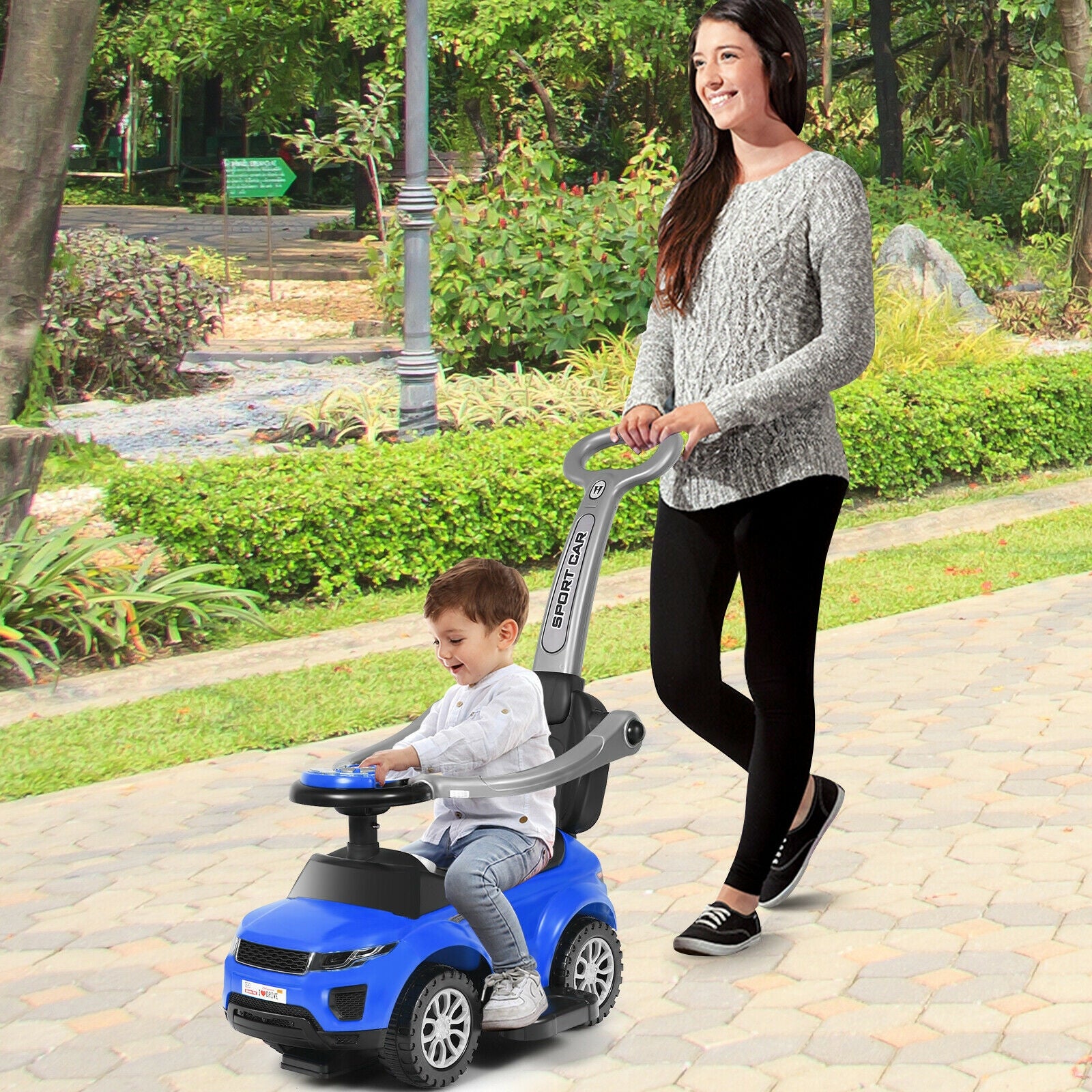 3 In 1 Ride on Push Car Toddler Stroller Sliding Car with Music, Blue Push & Pedal Ride On Toys at Gallery Canada