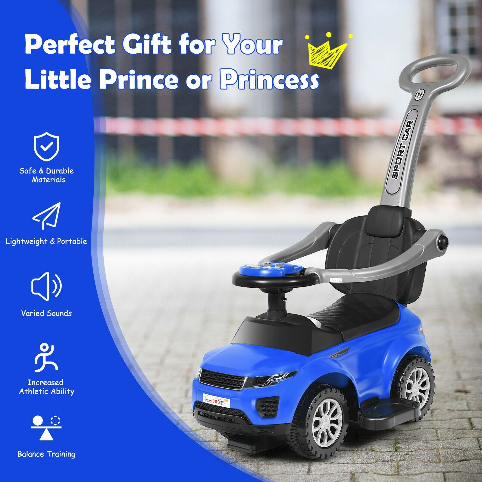 3 In 1 Ride on Push Car Toddler Stroller Sliding Car with Music, Blue Push & Pedal Ride On Toys at Gallery Canada