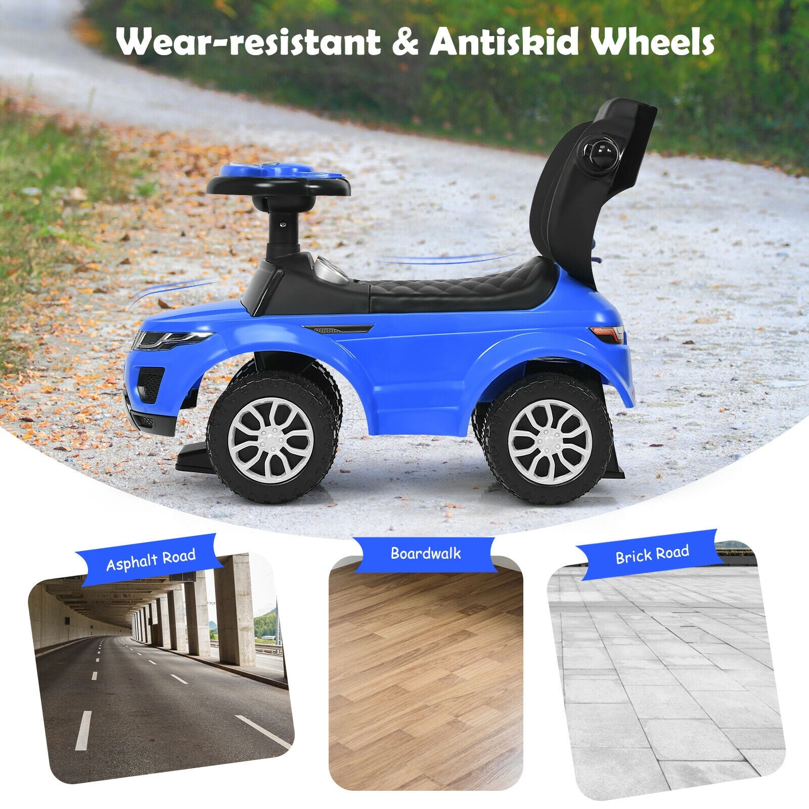 3 In 1 Ride on Push Car Toddler Stroller Sliding Car with Music, Blue Push & Pedal Ride On Toys at Gallery Canada