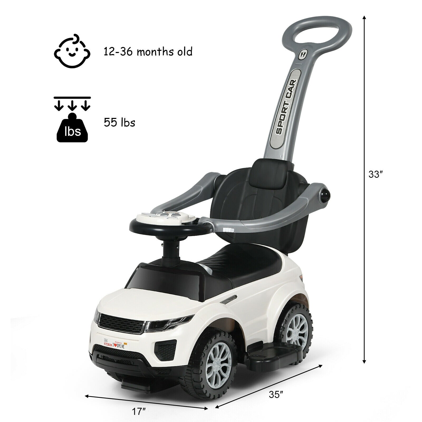 3 In 1 Ride on Push Car Toddler Stroller Sliding Car with Music, White Push & Pedal Ride On Toys at Gallery Canada