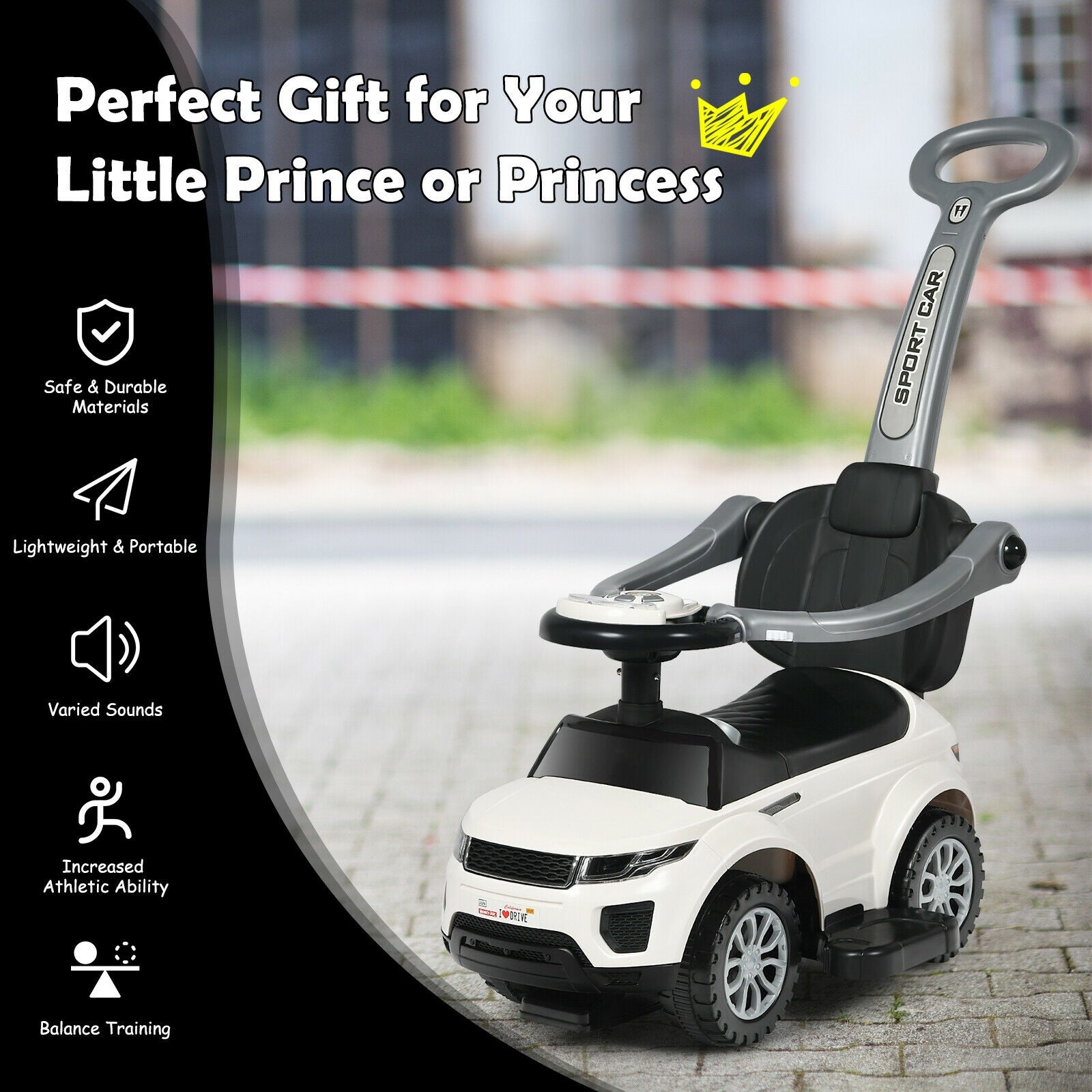 3 In 1 Ride on Push Car Toddler Stroller Sliding Car with Music, White Push & Pedal Ride On Toys at Gallery Canada