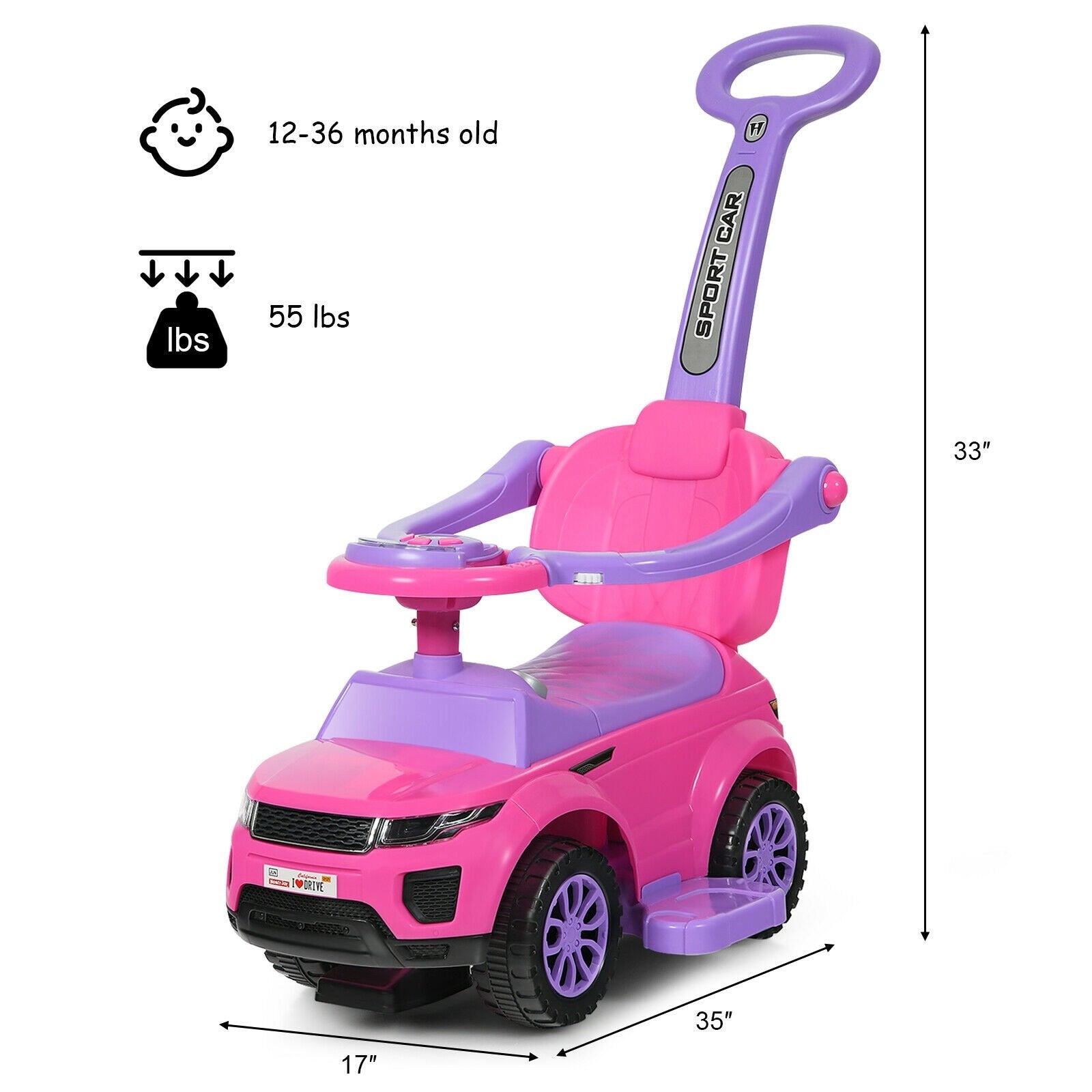 Honey Joy 3 in 1 Ride on Push Car Toddler Stroller Sliding Car with Music, Pink Push & Pedal Ride On Toys   at Gallery Canada