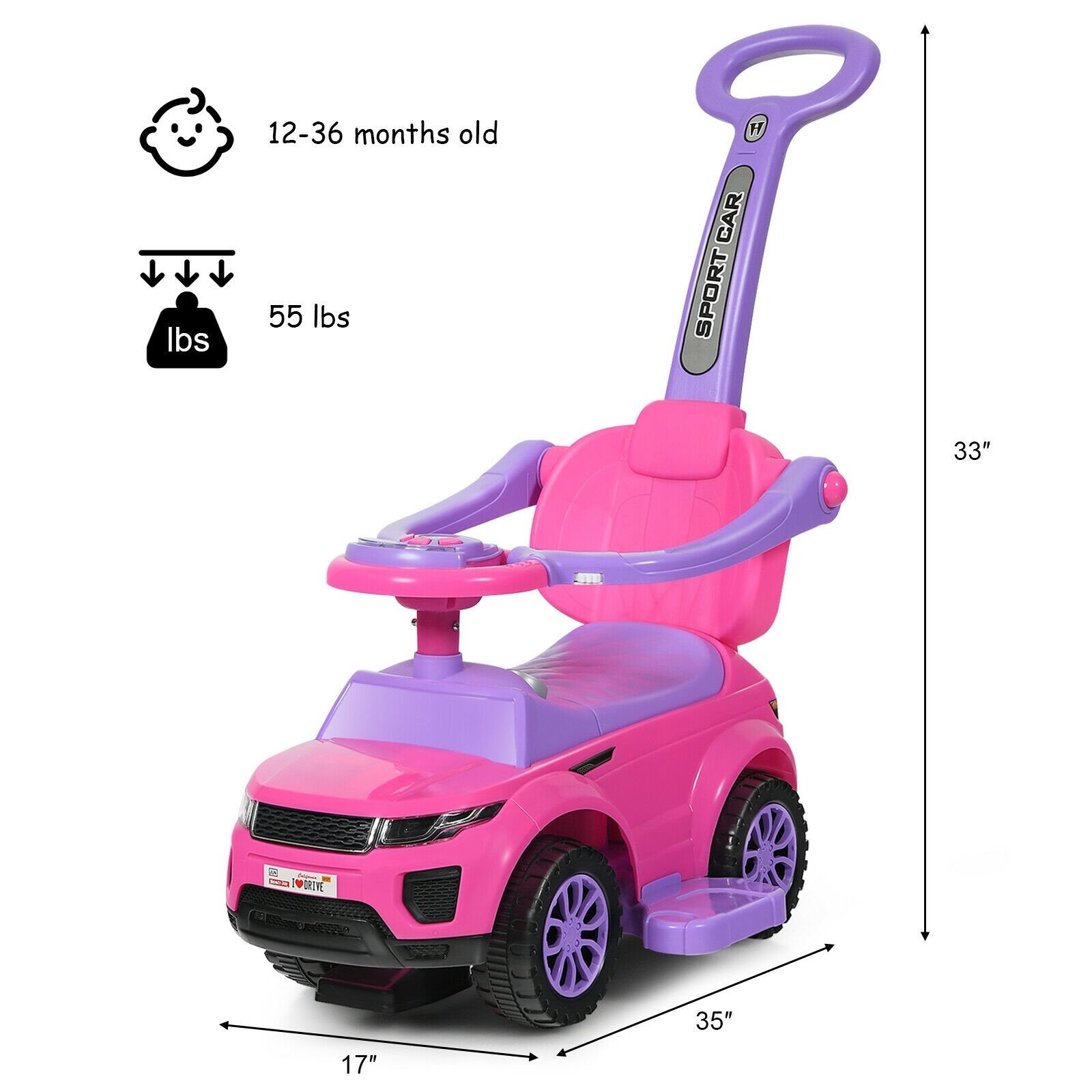 Honey Joy 3 in 1 Ride on Push Car Toddler Stroller Sliding Car with Music, Pink - Gallery Canada
