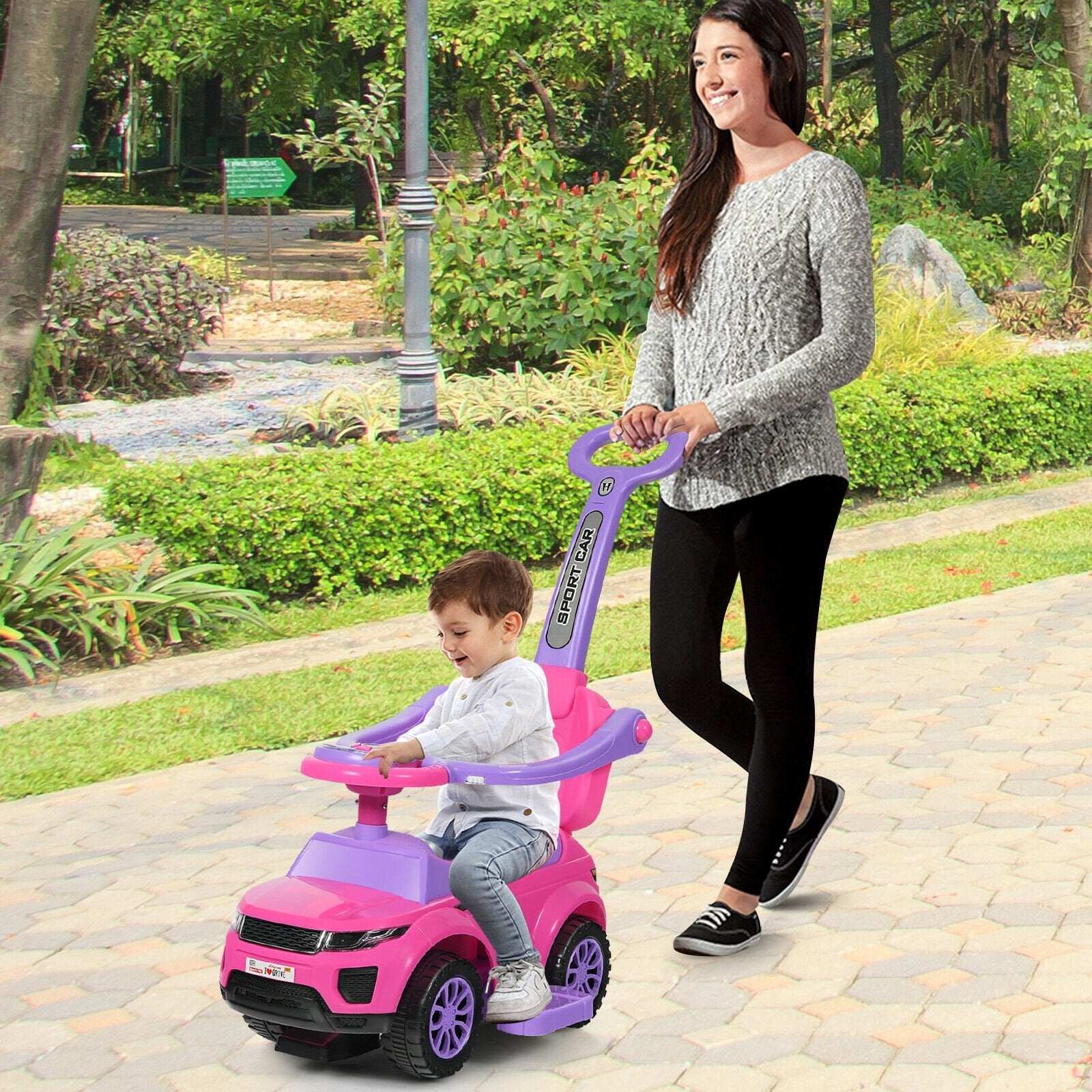 Honey Joy 3 in 1 Ride on Push Car Toddler Stroller Sliding Car with Music, Pink Push & Pedal Ride On Toys   at Gallery Canada