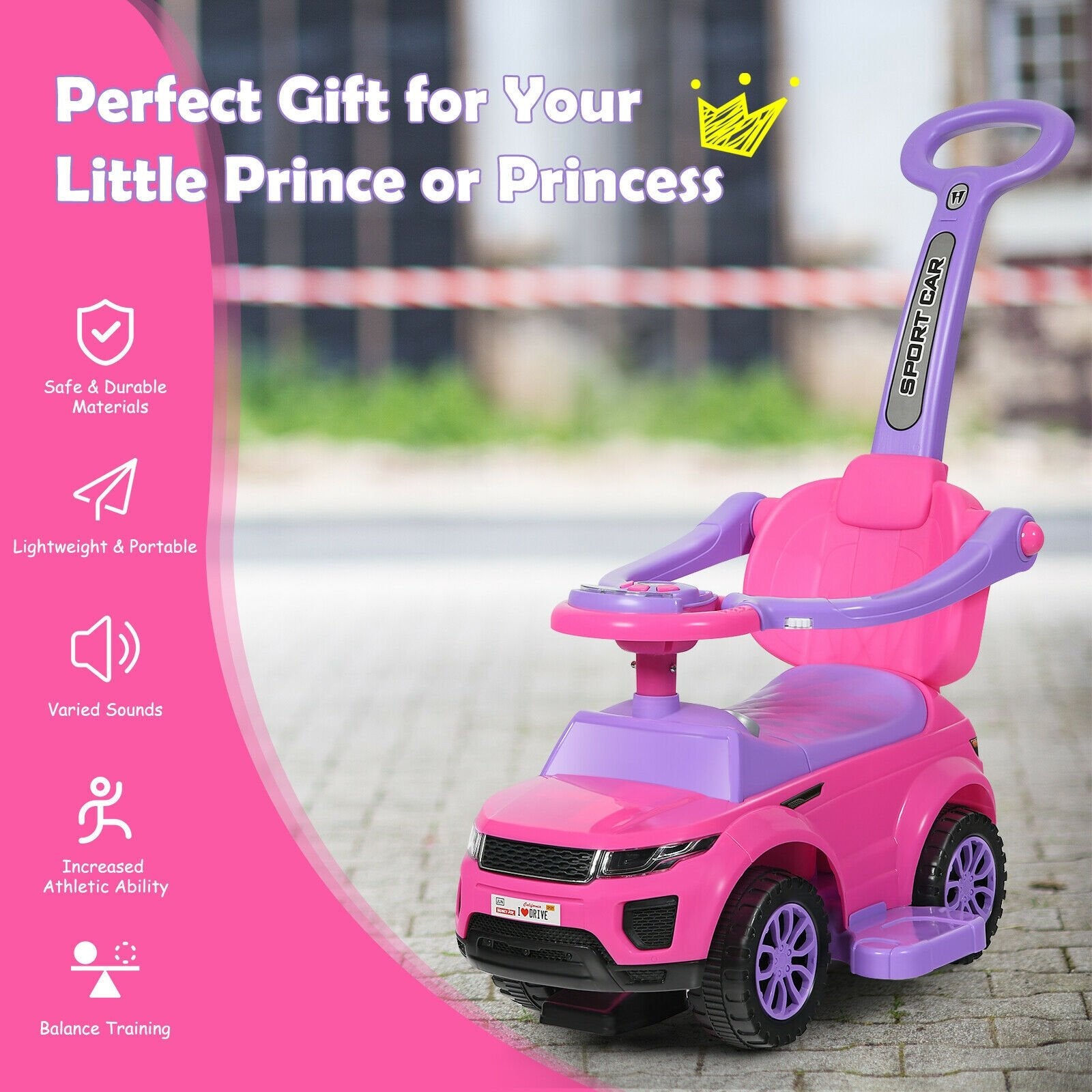 Honey Joy 3 in 1 Ride on Push Car Toddler Stroller Sliding Car with Music, Pink Push & Pedal Ride On Toys   at Gallery Canada