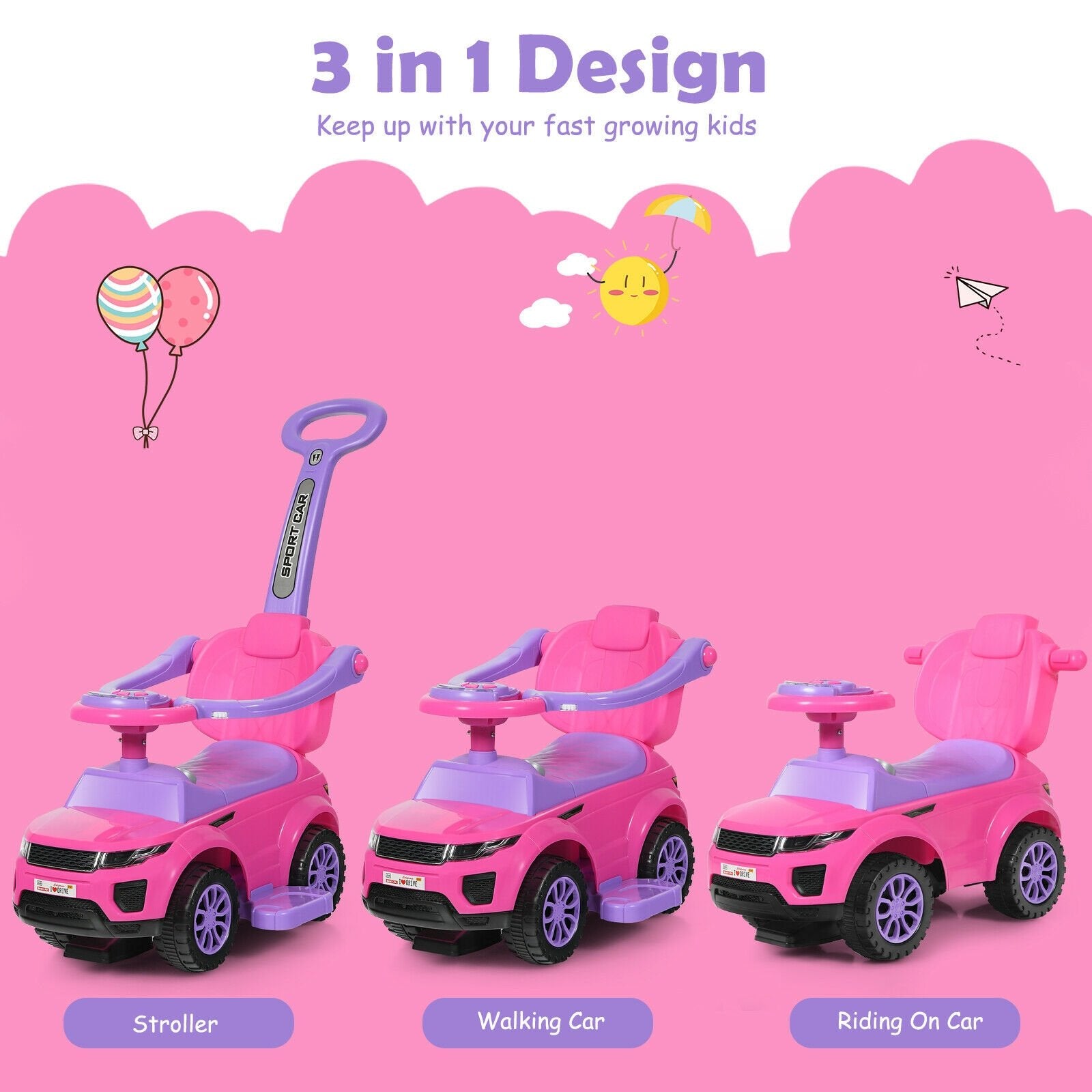 Honey Joy 3 in 1 Ride on Push Car Toddler Stroller Sliding Car with Music, Pink Push & Pedal Ride On Toys   at Gallery Canada