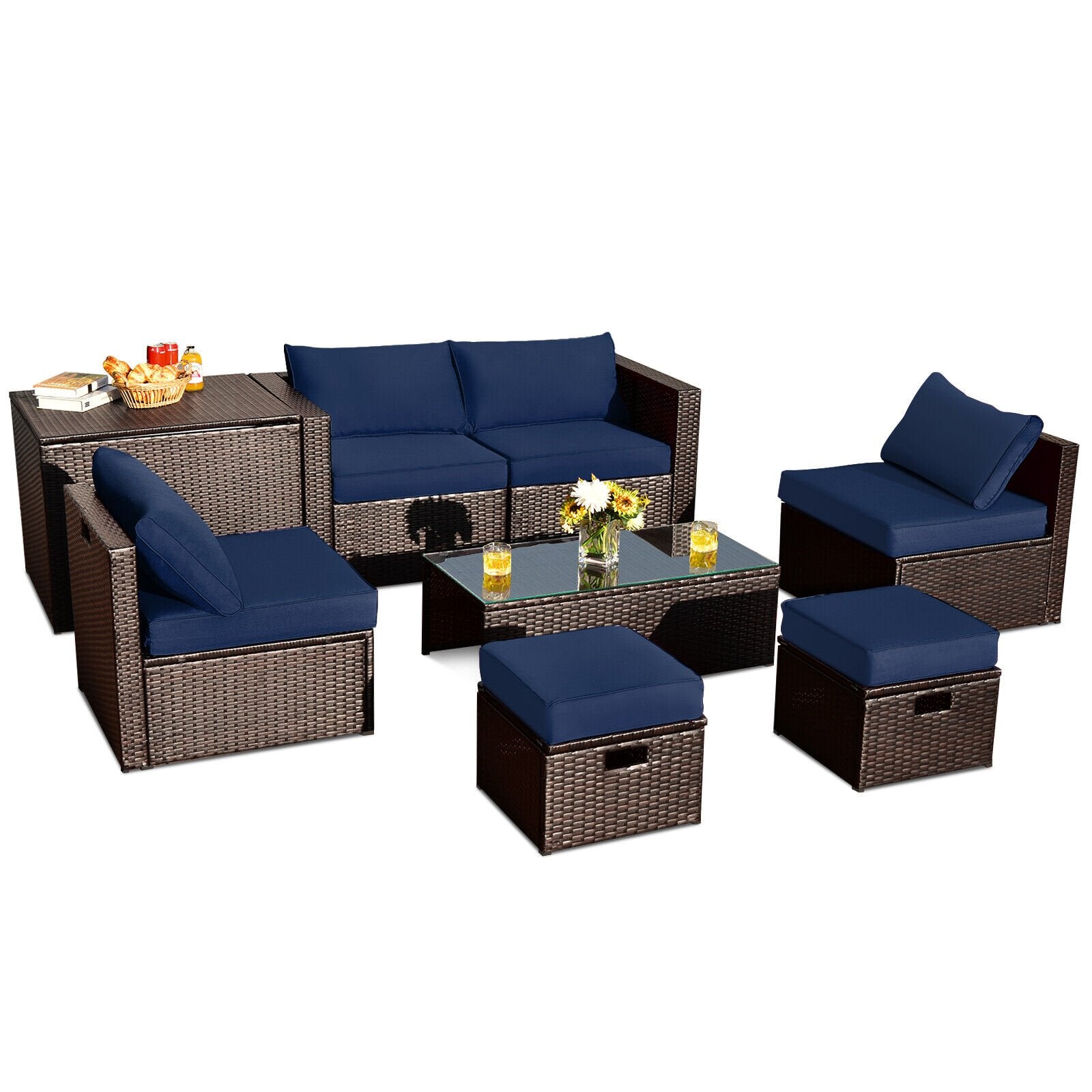 8 Pieces Patio Space-Saving Rattan Furniture Set with Storage Box and Waterproof Cover, Navy - Gallery Canada