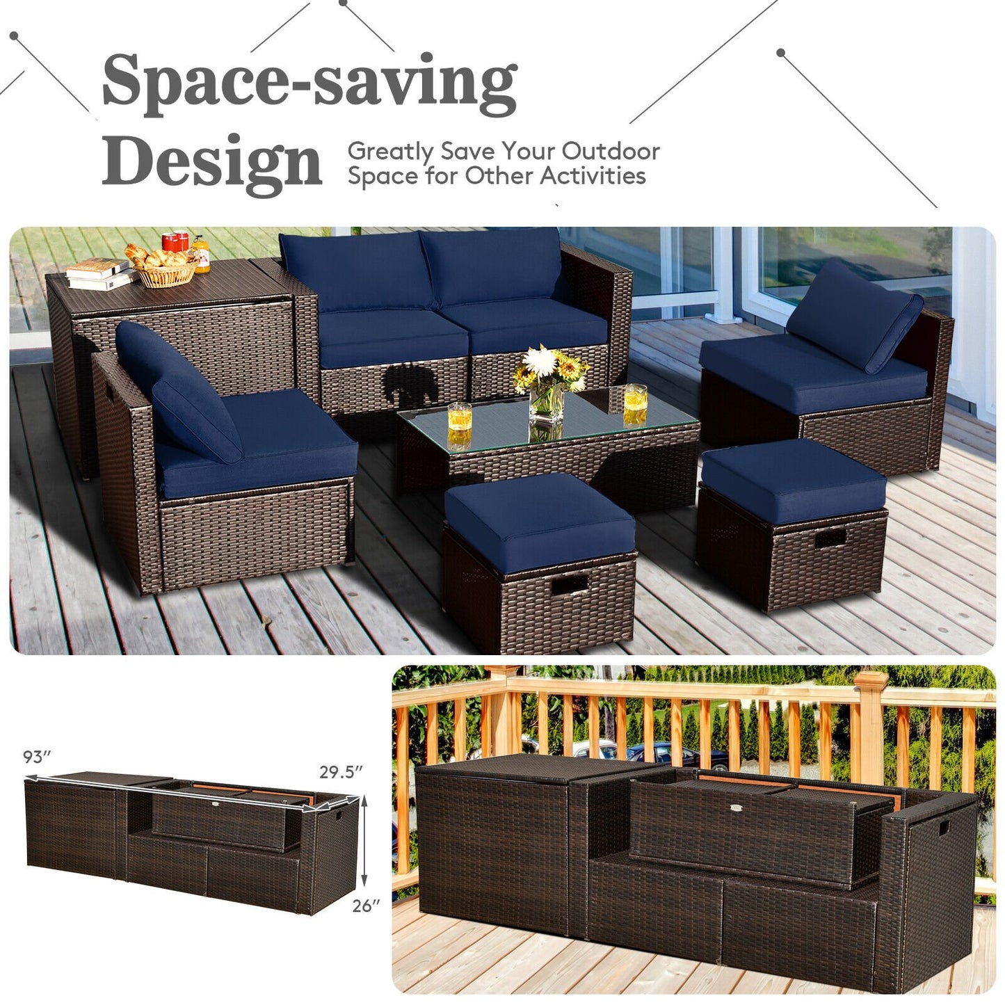 8 Pieces Patio Space-Saving Rattan Furniture Set with Storage Box and Waterproof Cover, Navy Outdoor Sectionals   at Gallery Canada