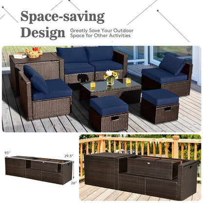 8 Pieces Patio Space-Saving Rattan Furniture Set with Storage Box and Waterproof Cover, Navy - Gallery Canada