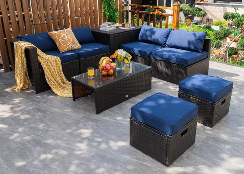8 Pieces Patio Space-Saving Rattan Furniture Set with Storage Box and Waterproof Cover, Navy