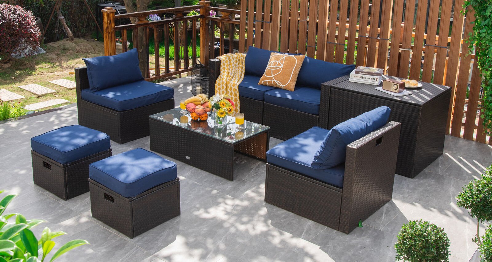 8 Pieces Patio Space-Saving Rattan Furniture Set with Storage Box and Waterproof Cover, Navy Outdoor Sectionals   at Gallery Canada