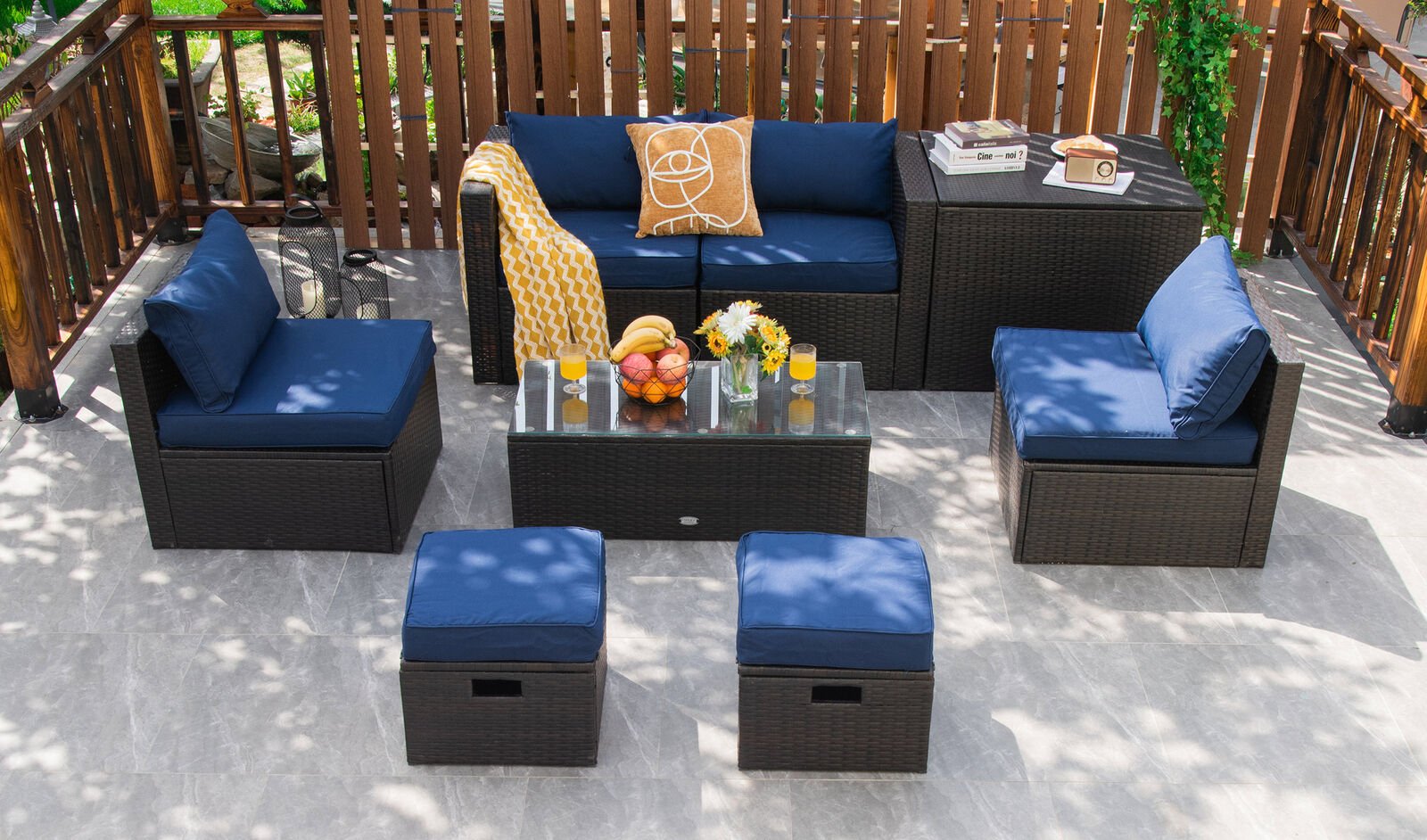 8 Pieces Patio Space-Saving Rattan Furniture Set with Storage Box and Waterproof Cover, Navy Outdoor Sectionals   at Gallery Canada