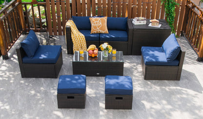 8 Pieces Patio Space-Saving Rattan Furniture Set with Storage Box and Waterproof Cover, Navy - Gallery Canada