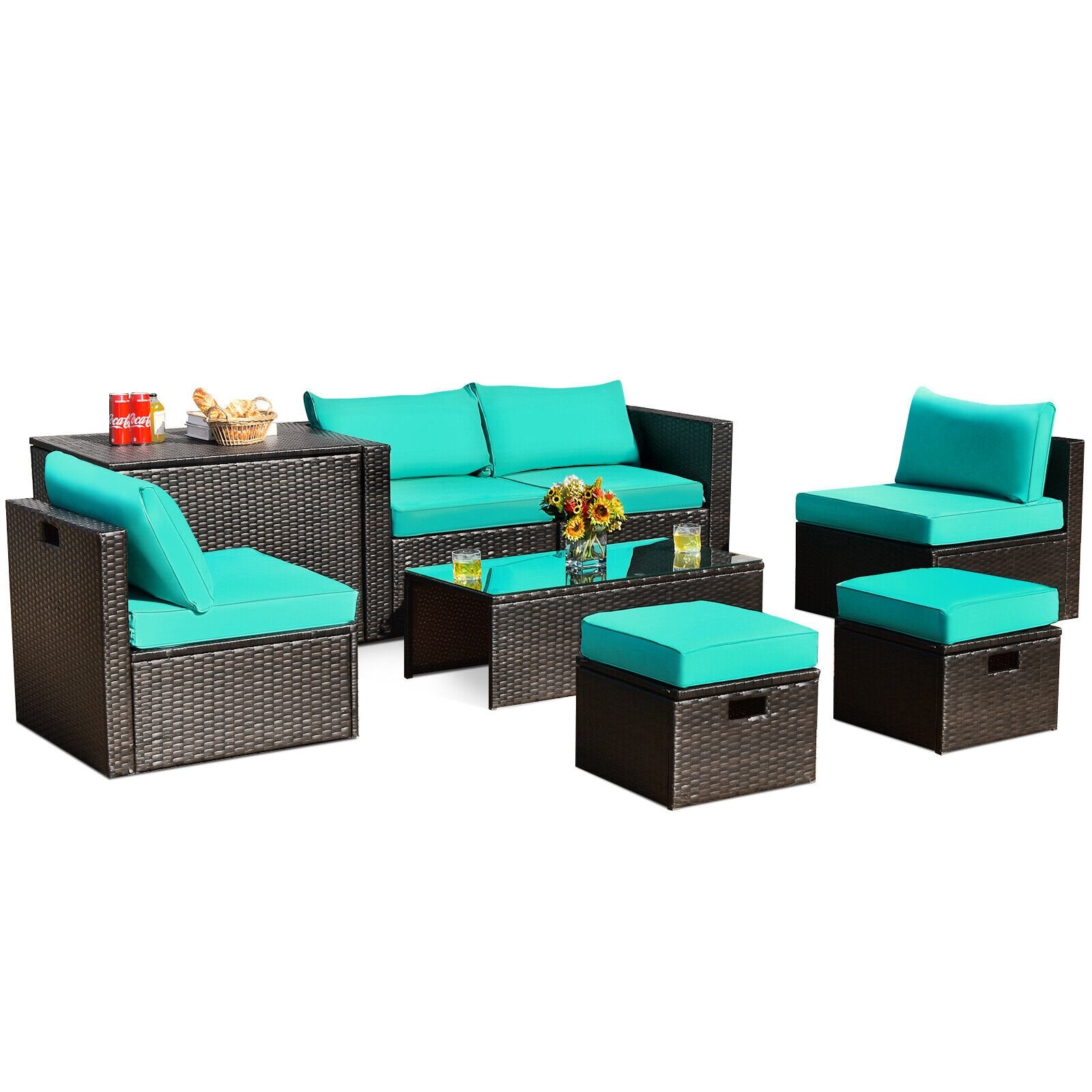 8 Pieces Patio Space-Saving Rattan Furniture Set with Storage Box and Waterproof Cover, Turquoise Outdoor Sectionals   at Gallery Canada