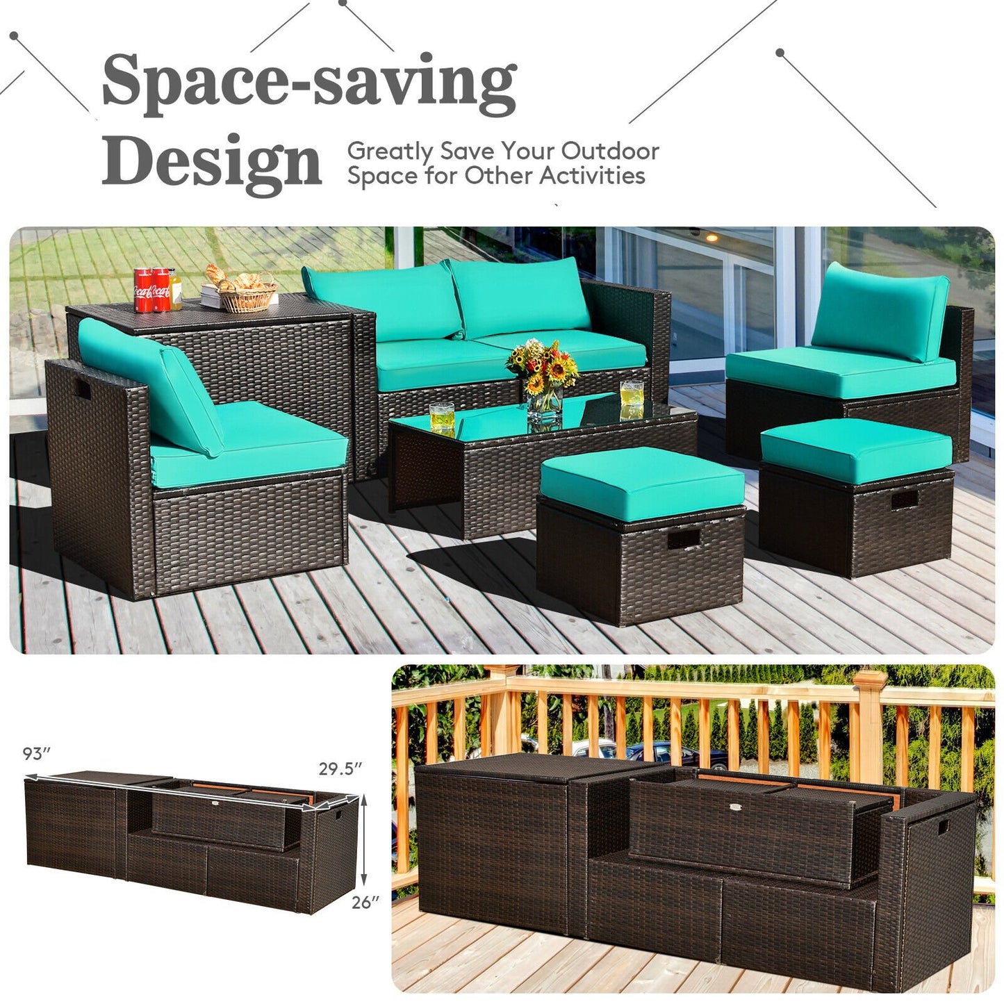 8 Pieces Patio Space-Saving Rattan Furniture Set with Storage Box and Waterproof Cover, Turquoise Outdoor Sectionals   at Gallery Canada