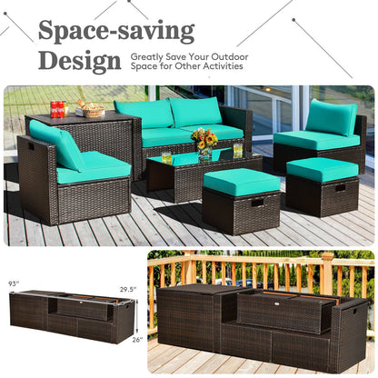 8 Pieces Patio Space-Saving Rattan Furniture Set with Storage Box and Waterproof Cover, Turquoise - Gallery Canada