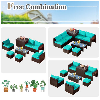 8 Pieces Patio Space-Saving Rattan Furniture Set with Storage Box and Waterproof Cover, Turquoise - Gallery Canada