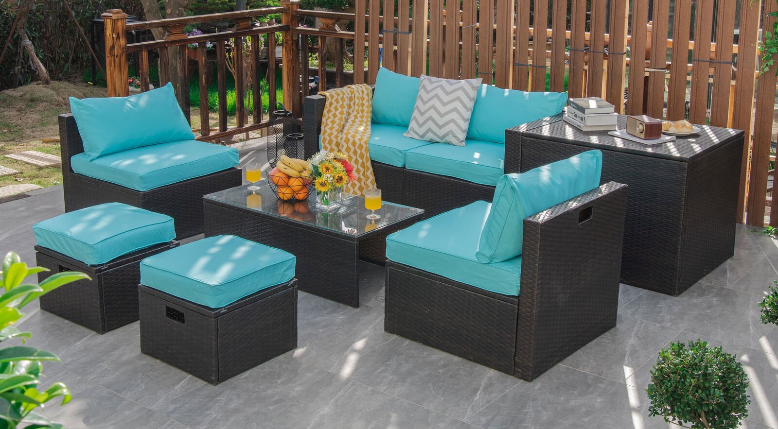 8 Pieces Patio Space-Saving Rattan Furniture Set with Storage Box and Waterproof Cover, Turquoise - Gallery Canada