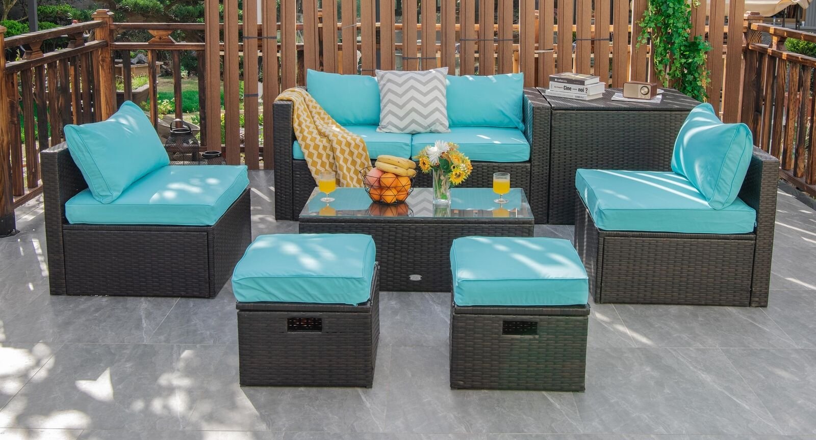 8 Pieces Patio Space-Saving Rattan Furniture Set with Storage Box and Waterproof Cover, Turquoise Outdoor Sectionals   at Gallery Canada