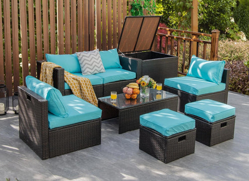 8 Pieces Patio Space-Saving Rattan Furniture Set with Storage Box and Waterproof Cover, Turquoise
