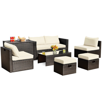 8 Pieces Patio Space-Saving Rattan Furniture Set with Storage Box and Waterproof Cover, White Outdoor Sectionals   at Gallery Canada