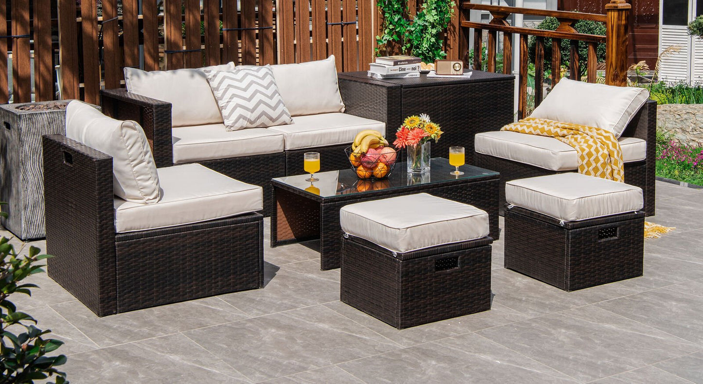 8 Pieces Patio Space-Saving Rattan Furniture Set with Storage Box and Waterproof Cover, White Outdoor Sectionals   at Gallery Canada