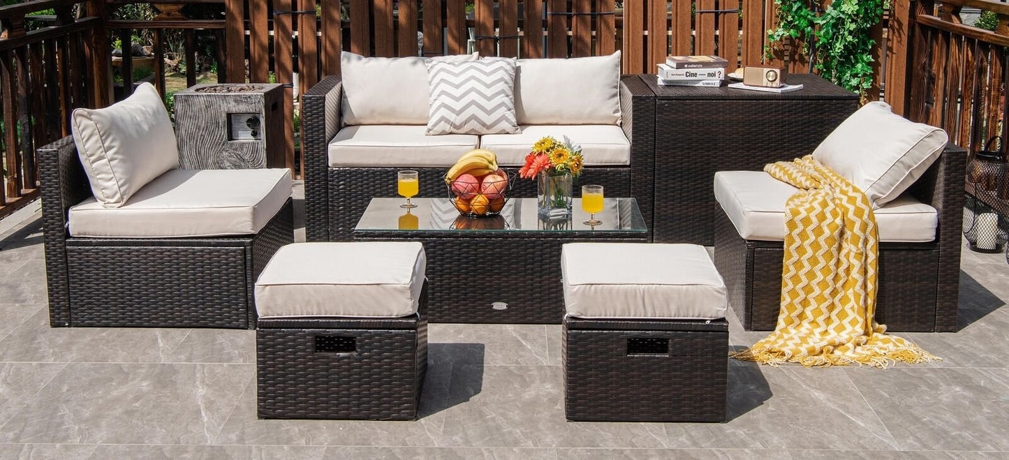 8 Pieces Patio Space-Saving Rattan Furniture Set with Storage Box and Waterproof Cover, White Outdoor Sectionals   at Gallery Canada