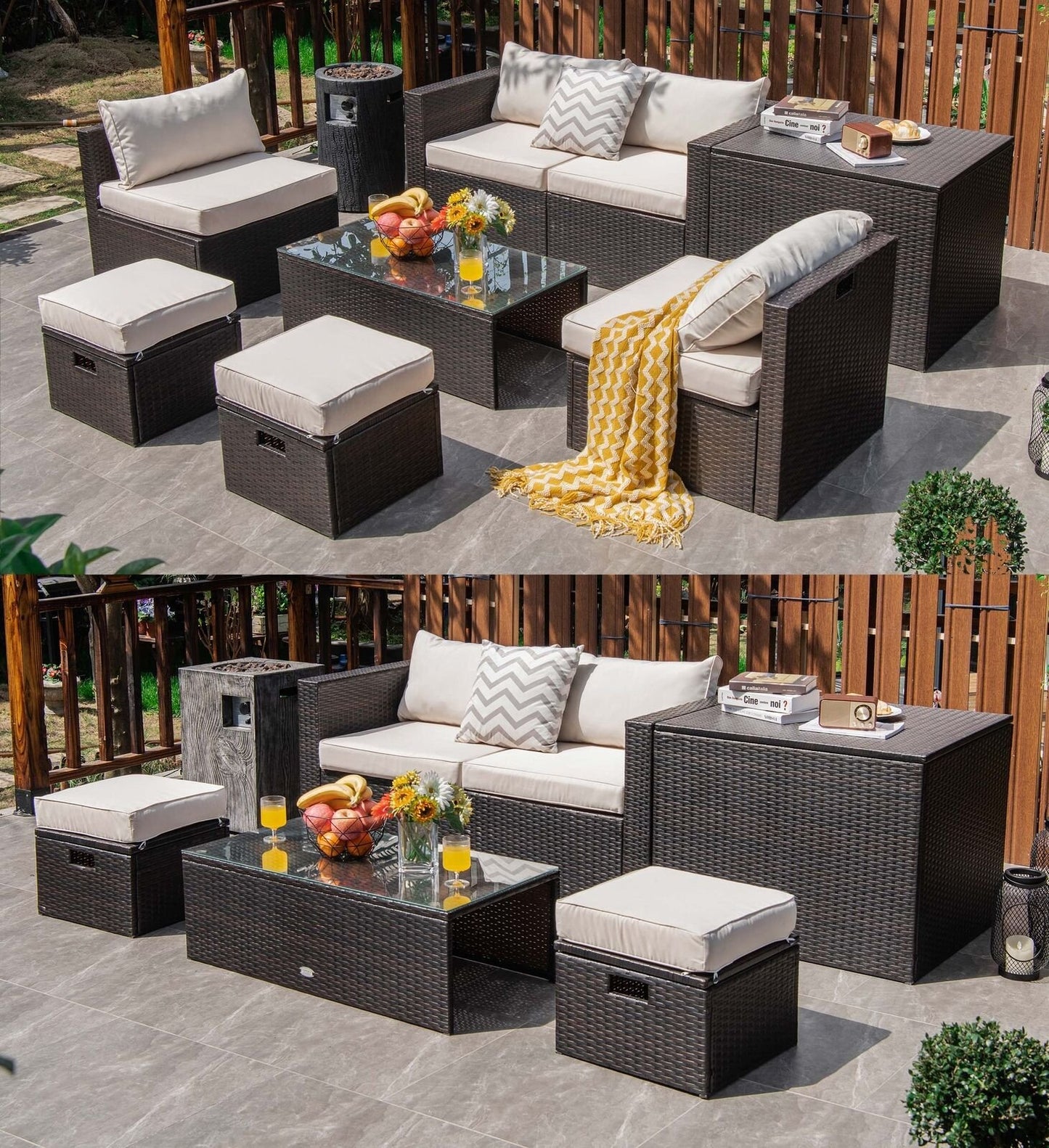 8 Pieces Patio Space-Saving Rattan Furniture Set with Storage Box and Waterproof Cover, White Outdoor Sectionals   at Gallery Canada