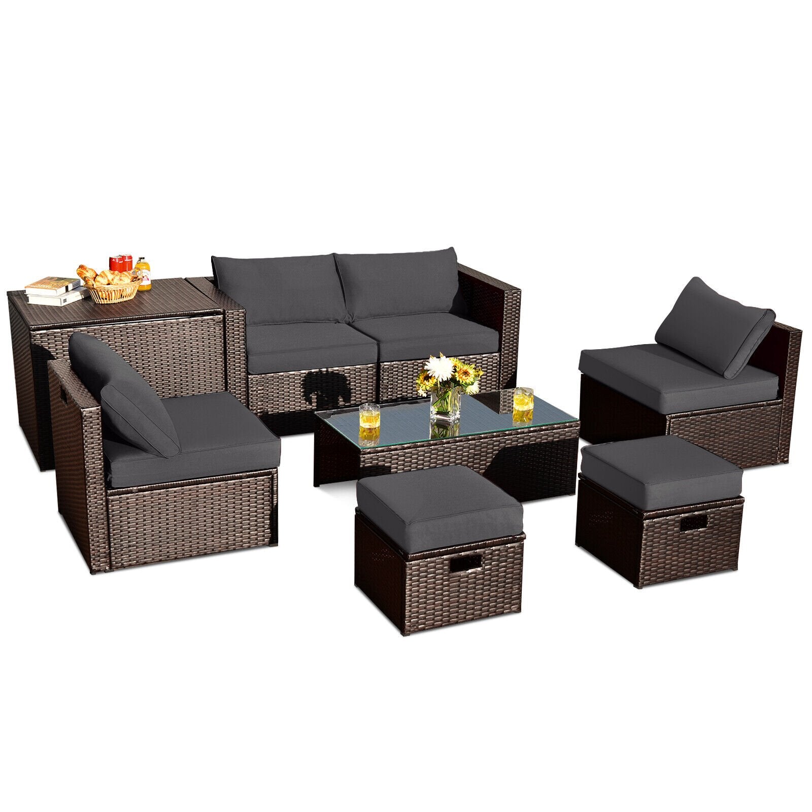 8 Pieces Patio Space-Saving Rattan Furniture Set with Storage Box and Waterproof Cover, Gray Outdoor Sectionals   at Gallery Canada