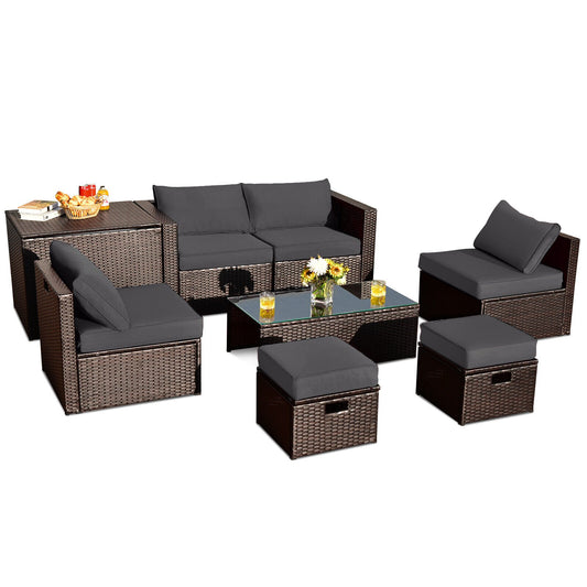 8 Pieces Patio Space-Saving Rattan Furniture Set with Storage Box and Waterproof Cover, Gray - Gallery Canada