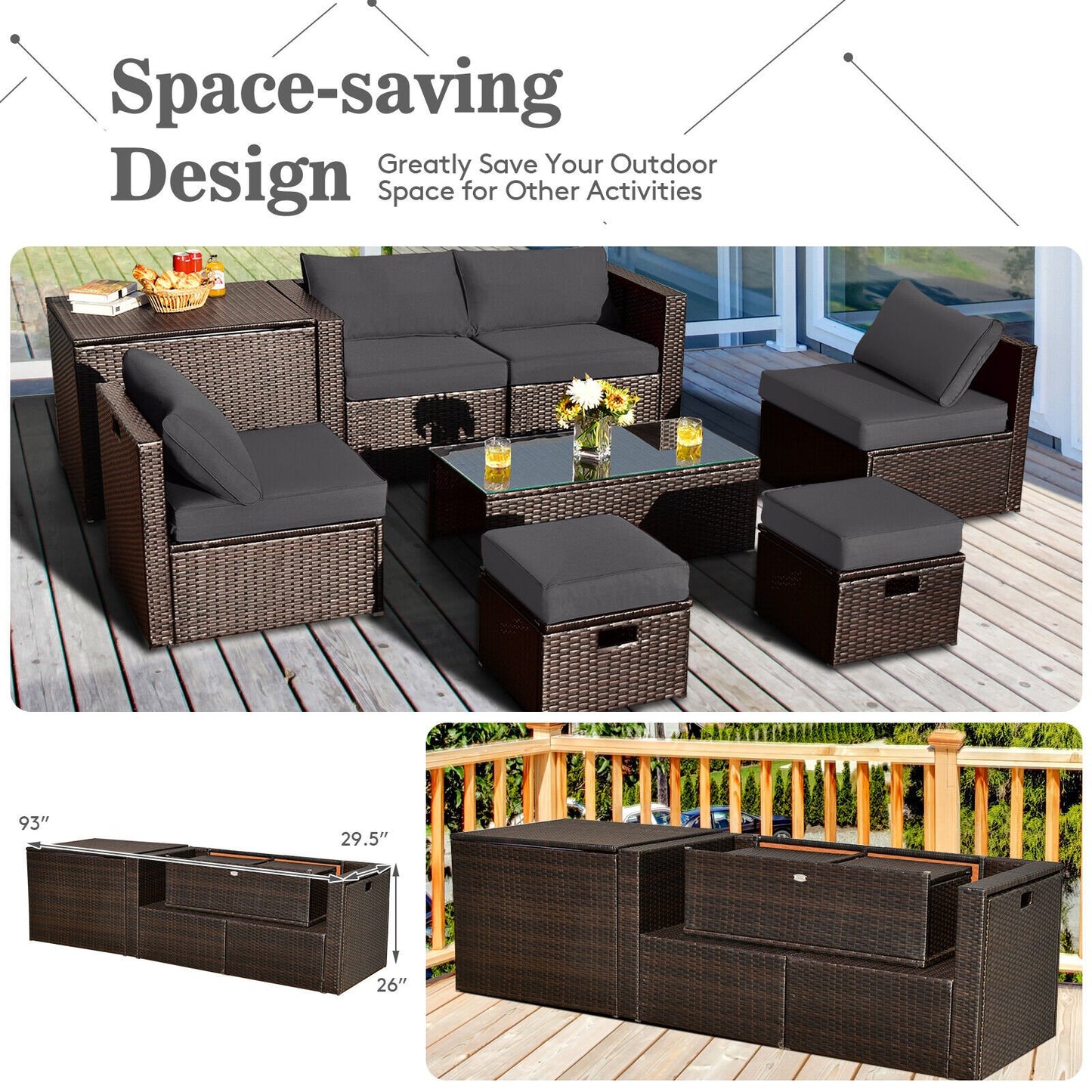 8 Pieces Patio Space-Saving Rattan Furniture Set with Storage Box and Waterproof Cover, Gray Outdoor Sectionals   at Gallery Canada