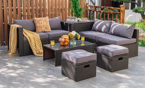 8 Pieces Patio Space-Saving Rattan Furniture Set with Storage Box and Waterproof Cover, Gray