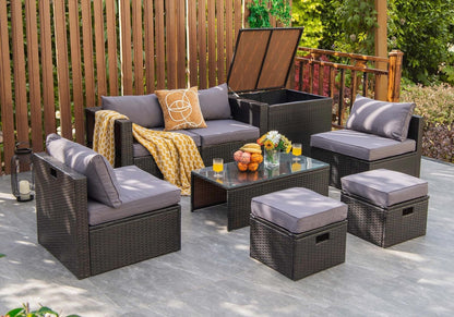 8 Pieces Patio Space-Saving Rattan Furniture Set with Storage Box and Waterproof Cover, Gray Outdoor Sectionals   at Gallery Canada